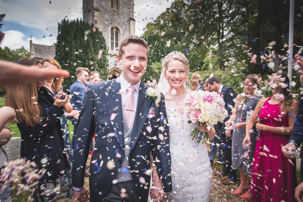 Bride and groom confetti photography in Newbury Berkshire
